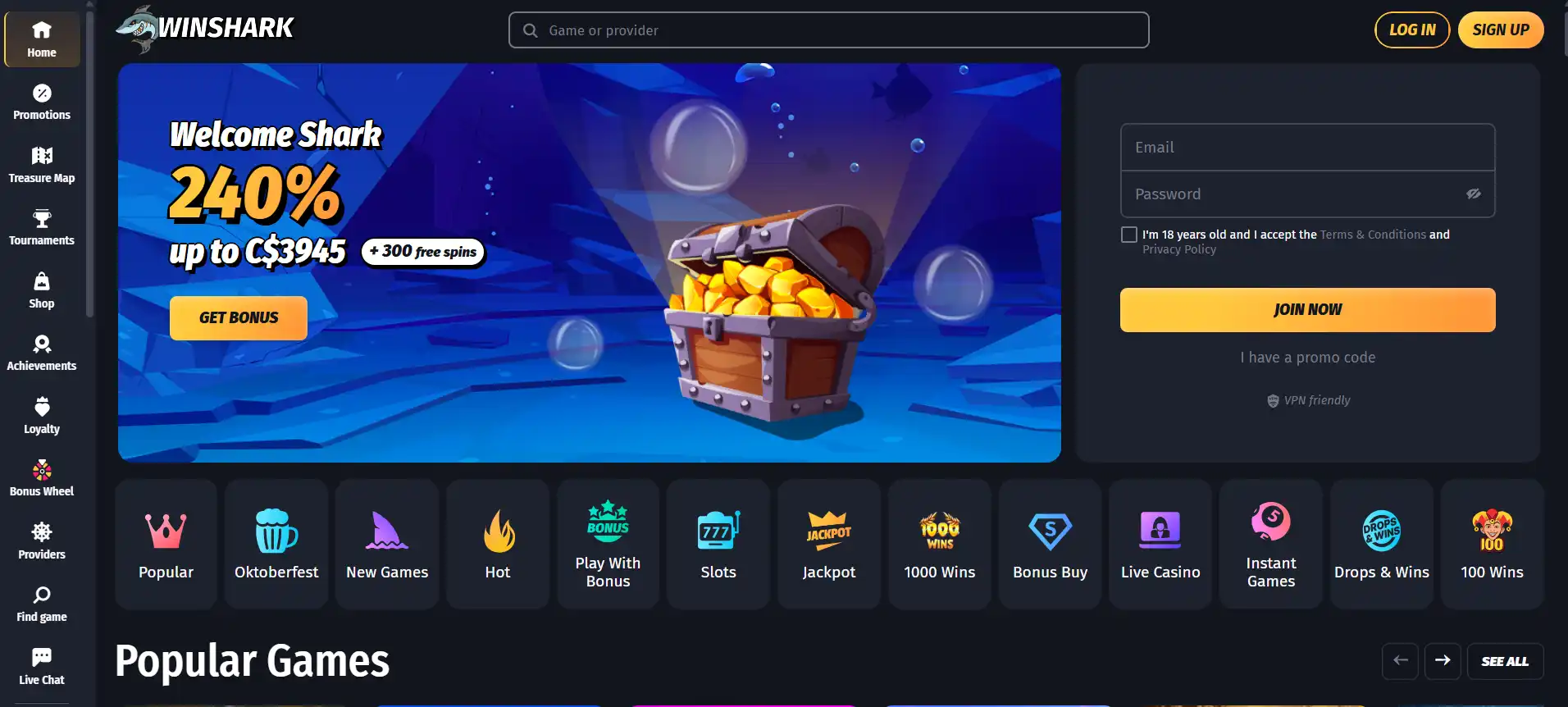 Screenshot of the public WinShark homepage with its website header and landing-page content