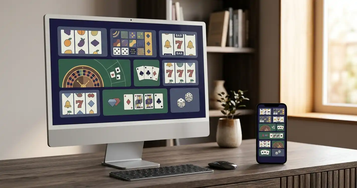 Desktop monitor showing abstract game tiles beside a phone with card-like game panels