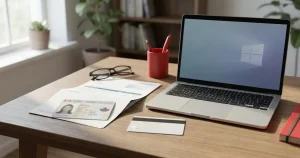 Photo identification, an address document and a payment card arranged beside a laptop on a desk