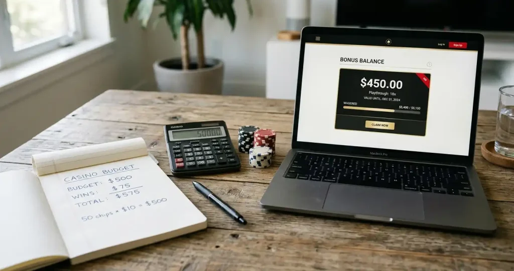 A calculator, notebook and casino chips beside a laptop with an abstract bonus balance screen