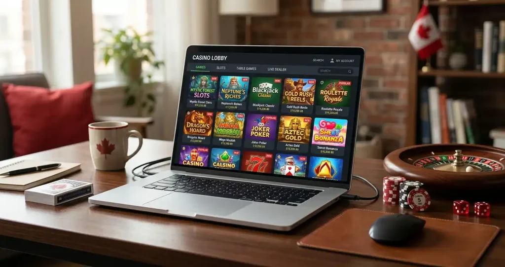 A laptop showing a casino game lobby beside cards, dice and a roulette wheel on a desk