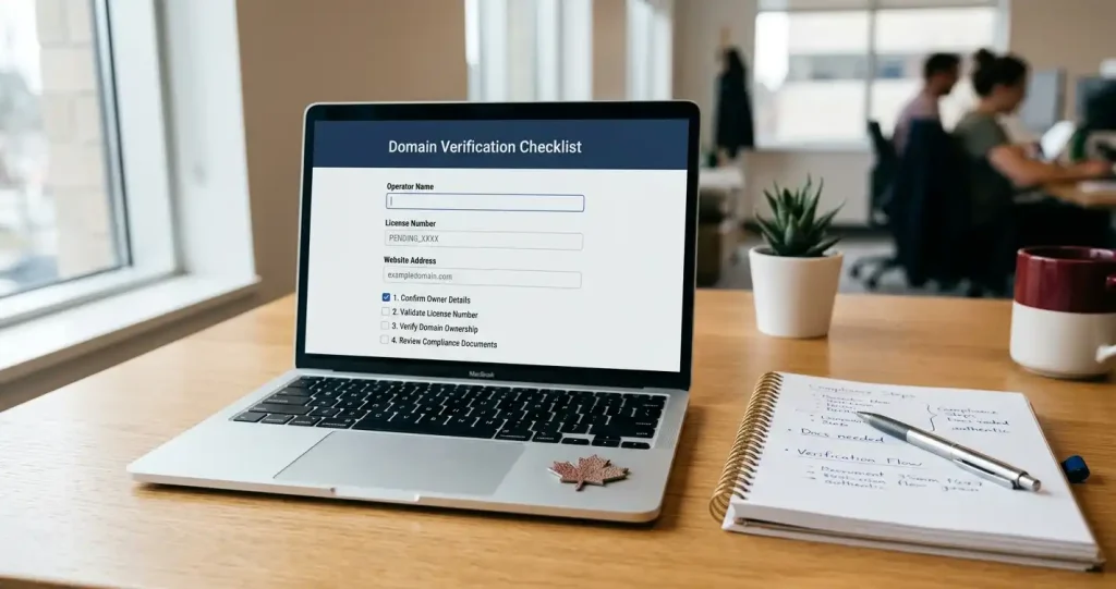 A laptop showing a domain verification checklist beside a notebook with operator and licence fields