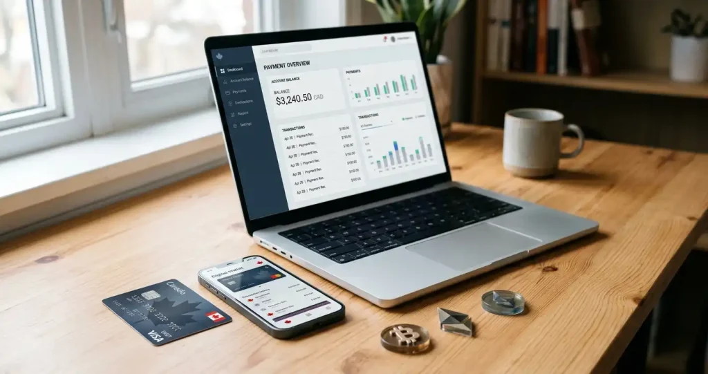 A payment dashboard on a laptop beside a Canadian bank card and a phone showing a digital wallet